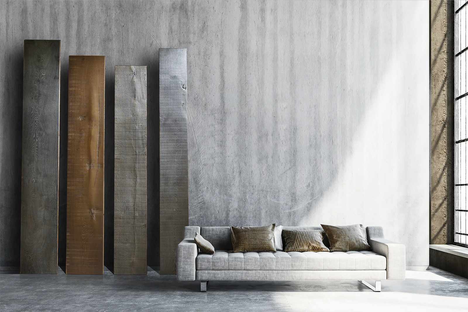 an interior view with midcentury modern furniture and northern wide wood planks on the floor