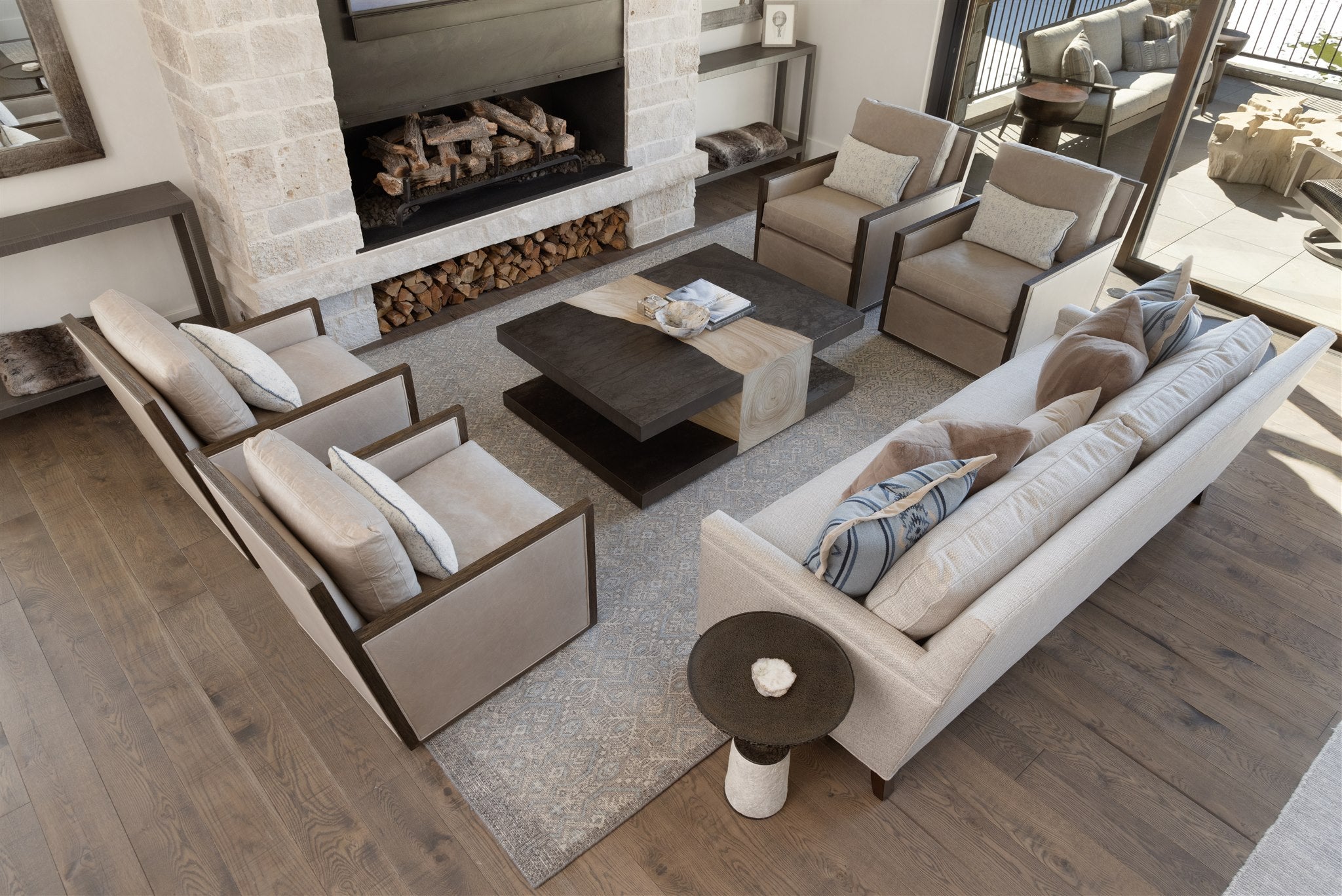 an interior view with midcentury modern furniture and northern wide wood planks on the floor